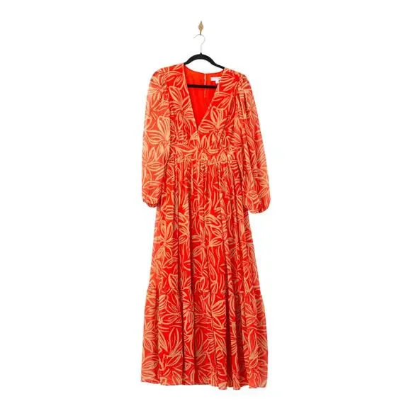 TOCCIN X RTR V-Neck Red and Orange Printed Maxi Dress - Size 4